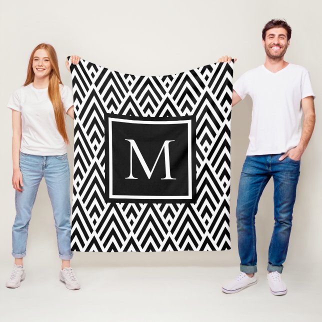 Trendy Black White Monogram Arrow Diamond Pattern Fleece Blanket (In Situ)