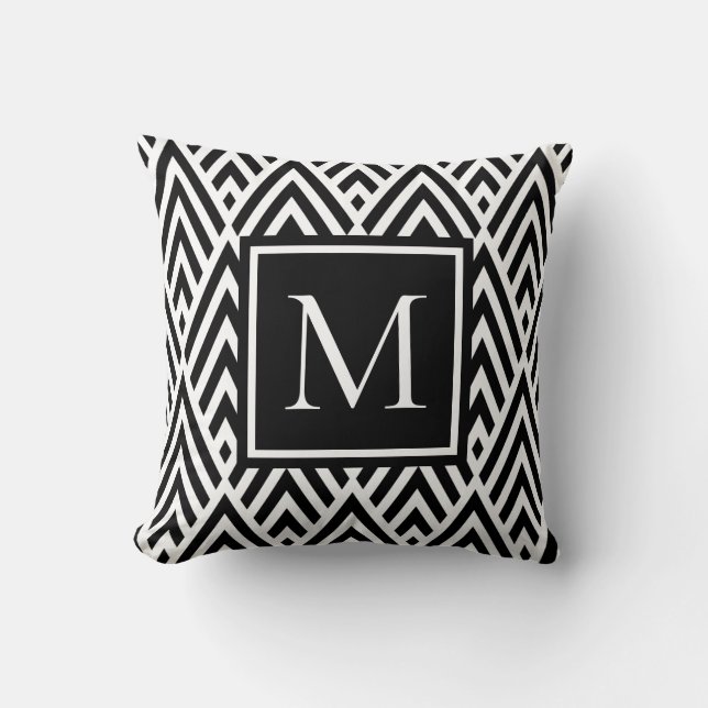 Trendy Black White Monogram Arrow Diamond Pattern Throw Pillow (Front)