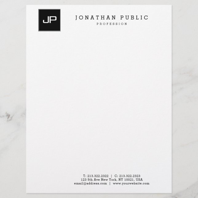 Trendy Black White Monogram Minimalist Template Letterhead (Front)