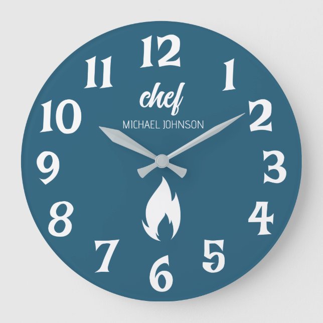 Trendy Black white Personalized name chef  Large Clock (Front)