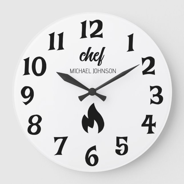 Trendy Black white Personalized name chef  Large Clock (Front)