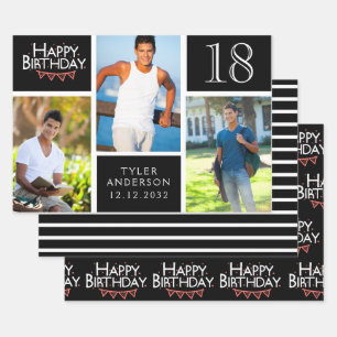 Trendy Black White Photo Collage 18th Birthday Wrapping Paper Sheets