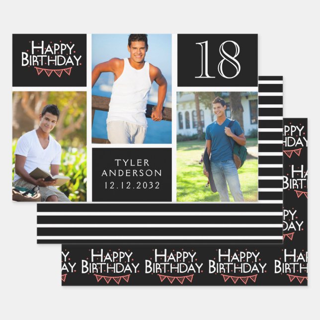Trendy Black White Photo Collage 18th Birthday Wrapping Paper Sheets (Set)