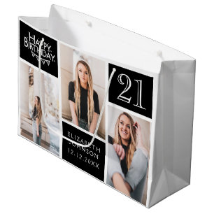 Trendy Black White Photo Collage 21st Birthday Large Gift Bag