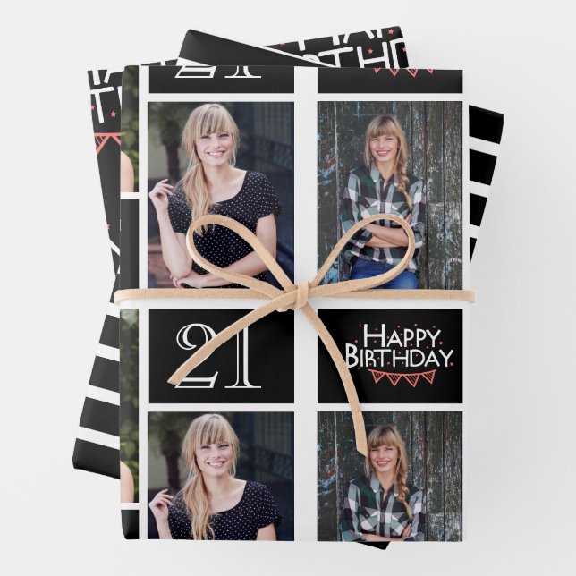 Trendy Black White Photo Collage 21st Birthday  Wrapping Paper Sheets (In situ)