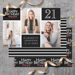 Trendy Black White Photo Collage 21st Birthday Wrapping Paper Sheets