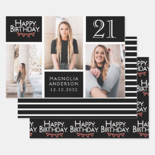Trendy Black White Photo Collage 21st Birthday Wrapping Paper Sheets