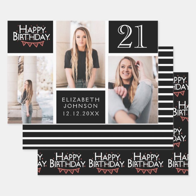 Trendy Black White Photo Collage 21st Birthday Wrapping Paper Sheets