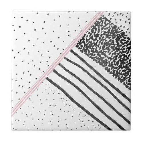 Trendy black white pink stripes dots pattern tile