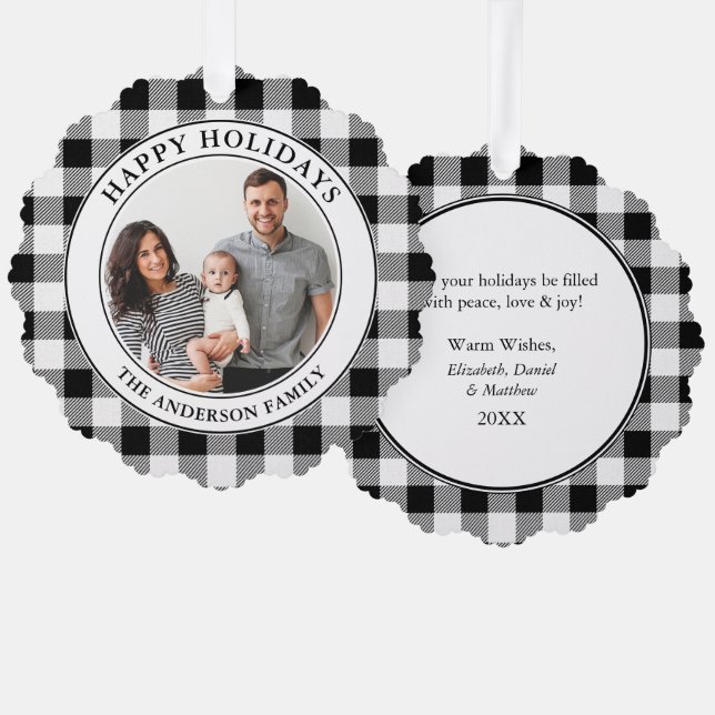 Trendy Black White Plaid Happy Holidays Ornament Card (Front/Back)