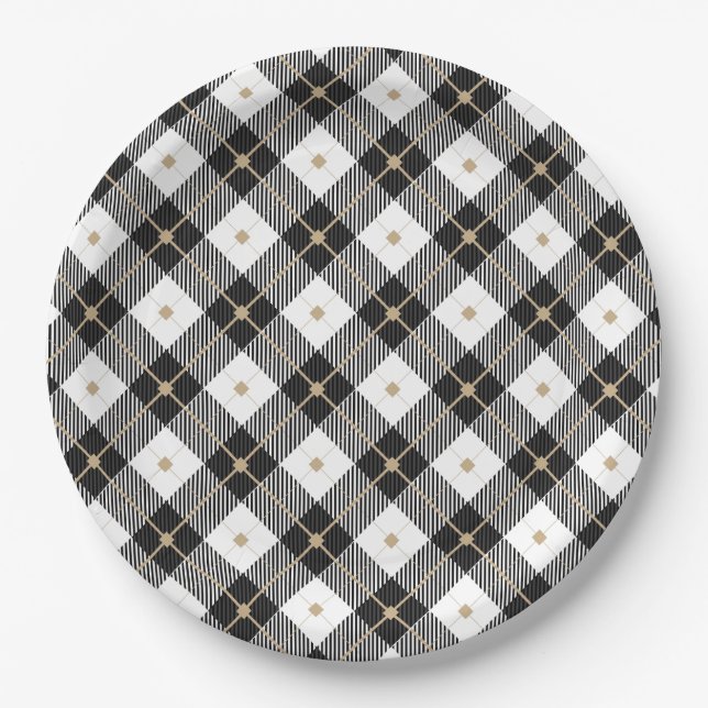 Trendy Black White Plaid Pattern Paper Plates (Front)