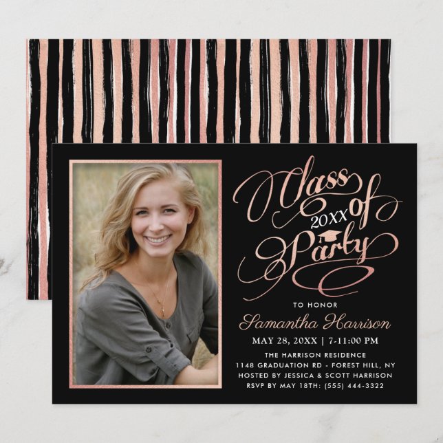 Trendy Black, White & Rose Gold Graduation Party Invitation (Front/Back)