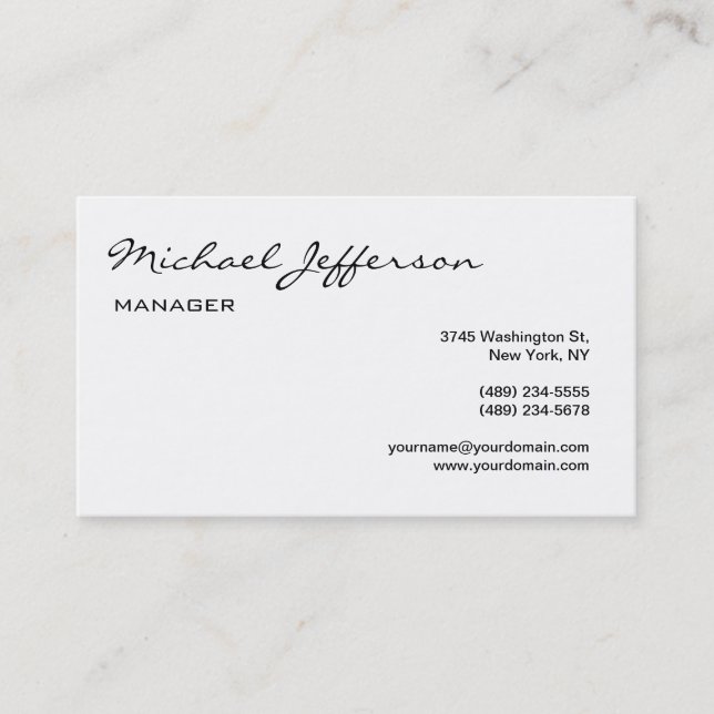 Trendy Black & White Script Manager Business Card (Front)