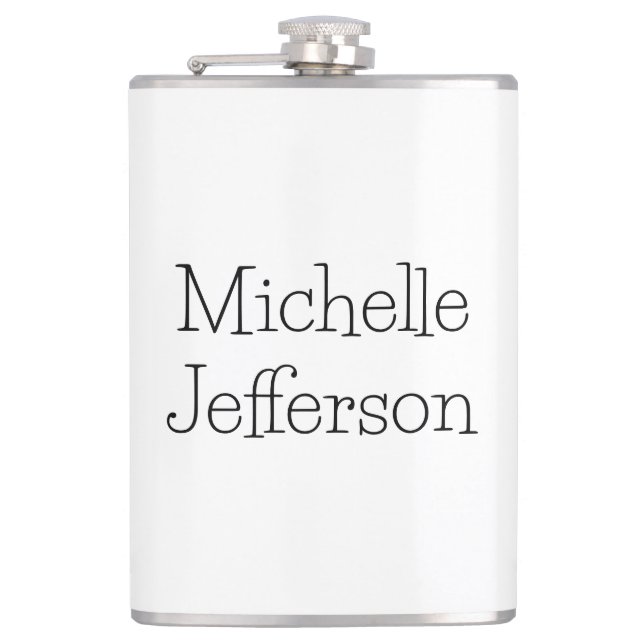 Trendy Black & White Script Name Chic Flask (Front)