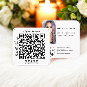 Trendy black white Social Media QR Code Photo Logo Square Business Card