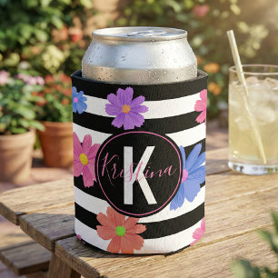 Trendy Black & White Stripe Floral Monogram Can Cooler