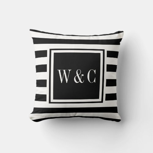 Trendy Black White Stripe Monogram Throw Pillow
