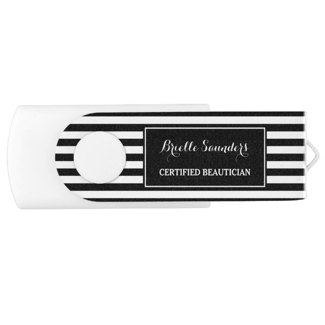 Trendy Black White Stripes Certified Beautician USB Flash Drive (Front)