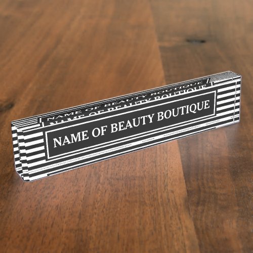 Trendy Black White Stripes Hair and Beauty Salon Desk Name Plate