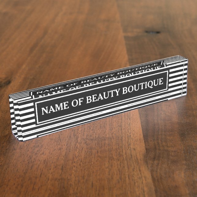 Trendy Black White Stripes Hair and Beauty Salon Desk Name Plate (Side)