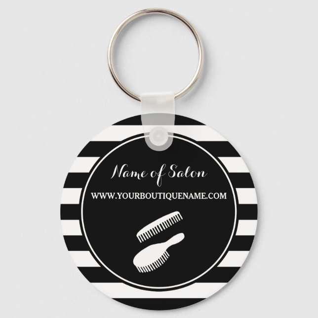 Trendy Black White Stripes Hair and Beauty Salon Keychain (Front)