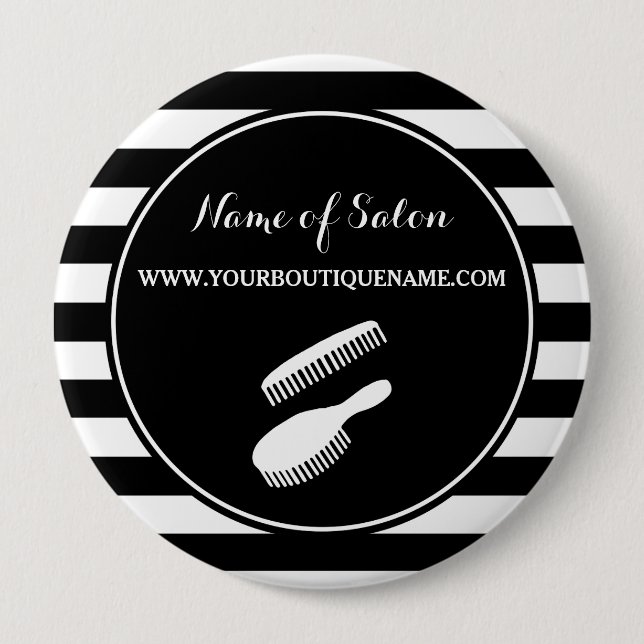 Trendy Black White Stripes Hair and Beauty Salon Pinback Button (Front)