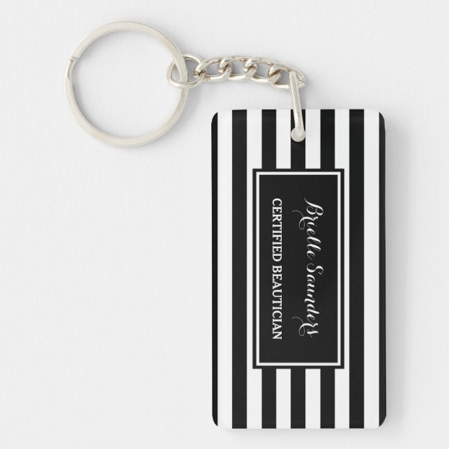 Trendy Black White Stripes Hair and Makeup Artist Keychain (Front)