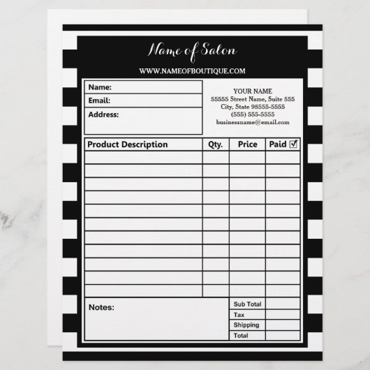 Trendy Black White Stripes Hair Salon Order Forms (Front/Back)