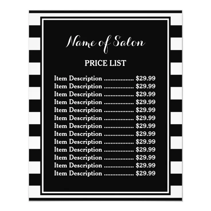 Trendy Black White Stripes Hair Salon Price List Flyer | Zazzle