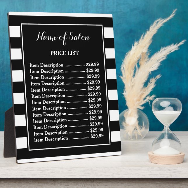 Trendy Black White Stripes Hair Salon Price List Plaque (Side)