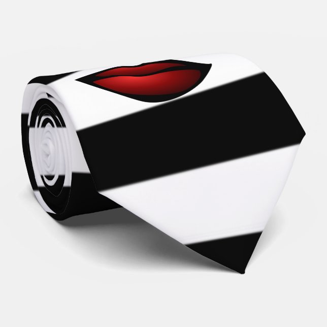 Trendy Black White  Stripes  , Lips Neck Tie (Rolled)
