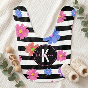 Trendy Black White Stripes Pink Floral Monogram Baby Bib