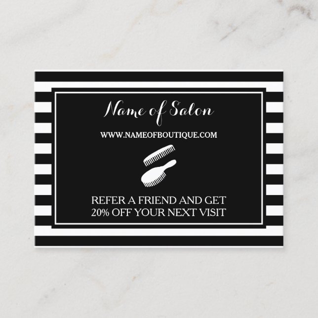 Trendy Black White Stripes Salon Referral Coupon (Front)