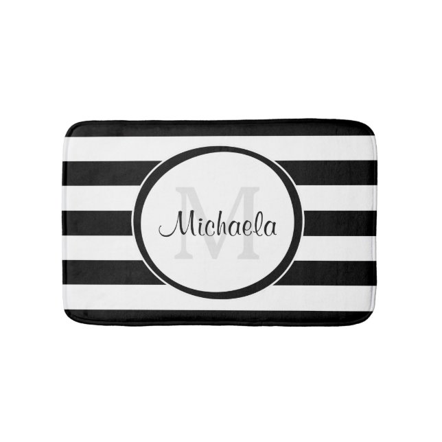 Trendy Black White Stripes With Monogram and Name Bathroom Mat (Front)