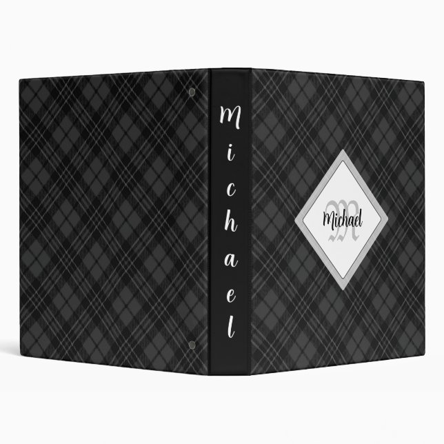 Trendy Black white tartan Personalize Monogram 3 Ring Binder (Background)