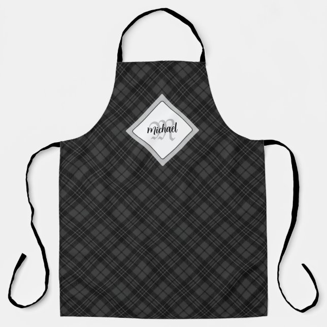 Trendy Black white tartan Personalize Monogram Apron (Front)