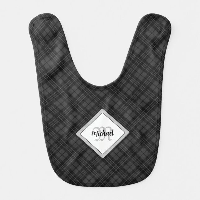 Trendy Black white tartan Personalize Monogram Baby Bib (Front)
