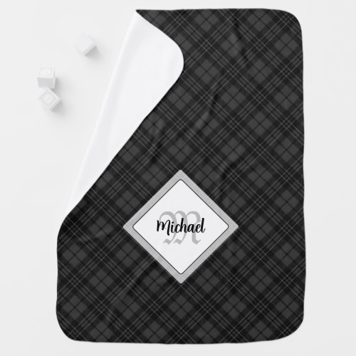 Trendy Black white tartan Personalize Monogram Baby Blanket