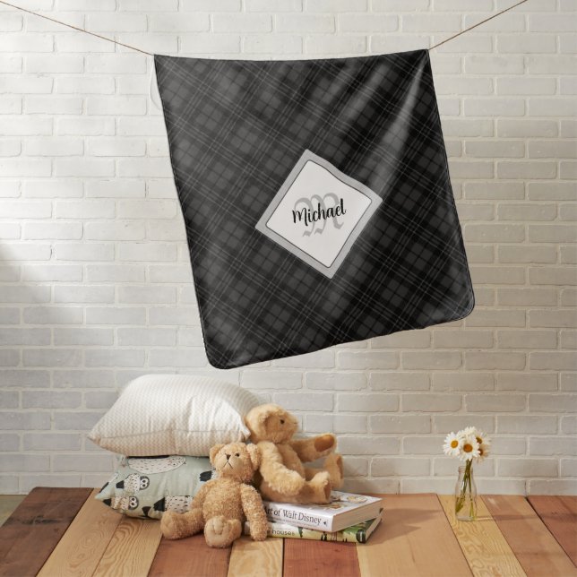 Trendy Black white tartan Personalize Monogram Baby Blanket (In Situ)
