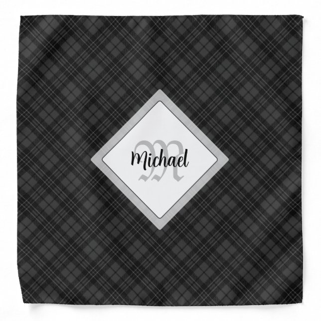 Trendy Black white tartan Personalize Monogram Bandana (Front)