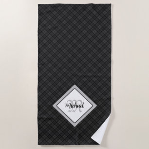 Trendy Black white tartan Personalize Monogram Beach Towel