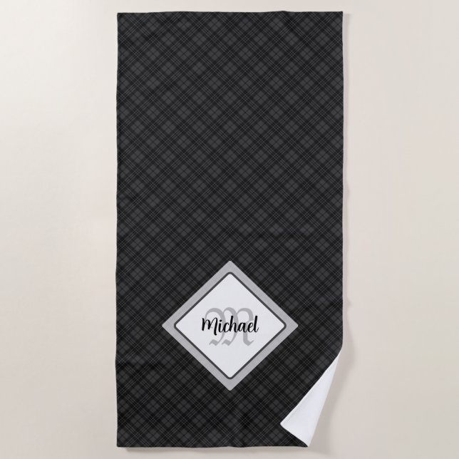 Trendy Black white tartan Personalize Monogram Beach Towel (Front)