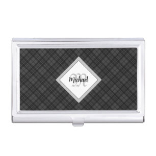 Trendy Black white tartan Personalize Monogram Business Card Case