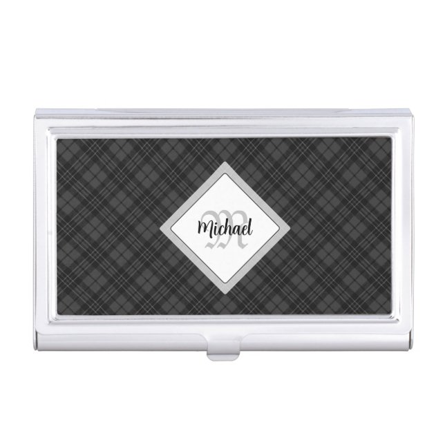 Trendy Black white tartan Personalize Monogram Business Card Case (Front)