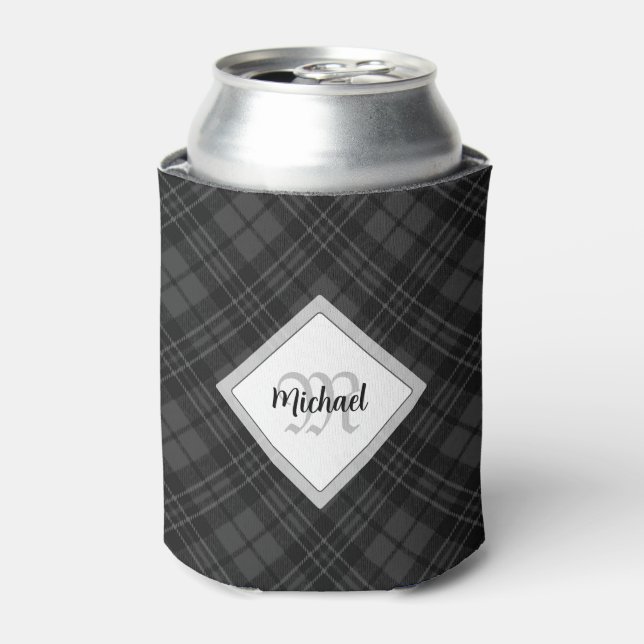 Trendy Black white tartan Personalize Monogram Can Cooler (Can Front)