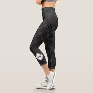 Trendy Black white tartan Personalize Monogram Capri Leggings