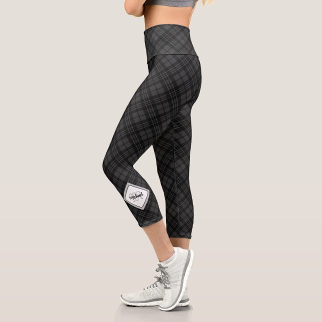 Trendy Black white tartan Personalize Monogram Capri Leggings (Left)
