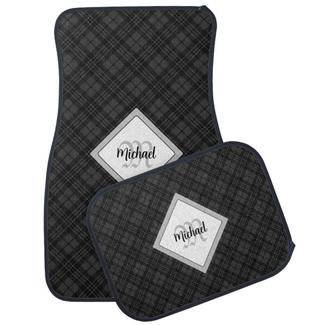 Trendy Black white tartan Personalize Monogram Car Floor Mat (Set)