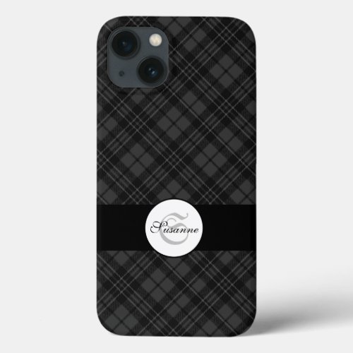 Trendy Black white tartan Personalize Monogram iPhone 13 Case