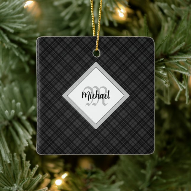 Trendy Black white tartan Personalize Monogram Ceramic Ornament (Tree)